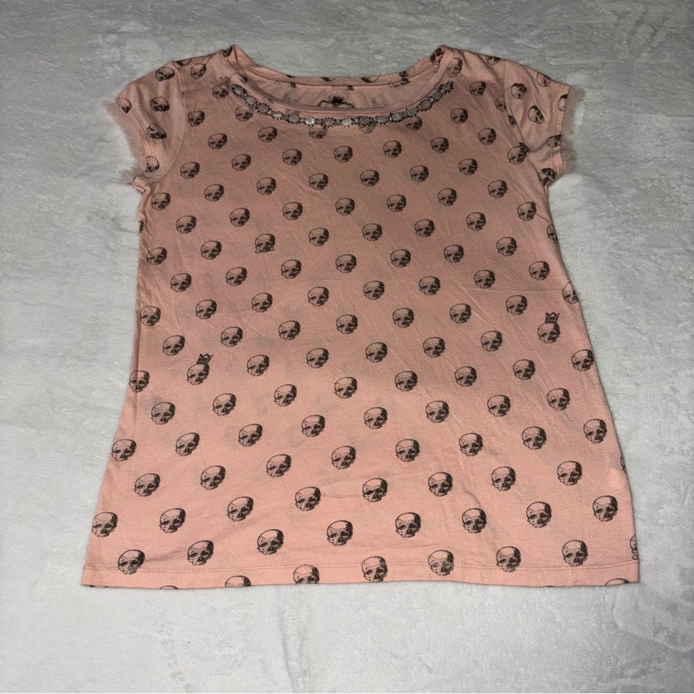 Princess Vera Wang Jeweled Neck Pink Skull Polka Dot Tee Women’s Size Large